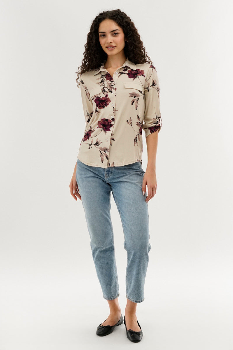 Majora Floral Button Up Blouse - Beige