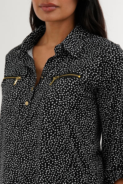 International INC Company Patterned Roll Up Sleeve Blouse - Black - Womens Shirts & Blouses - Fairweather