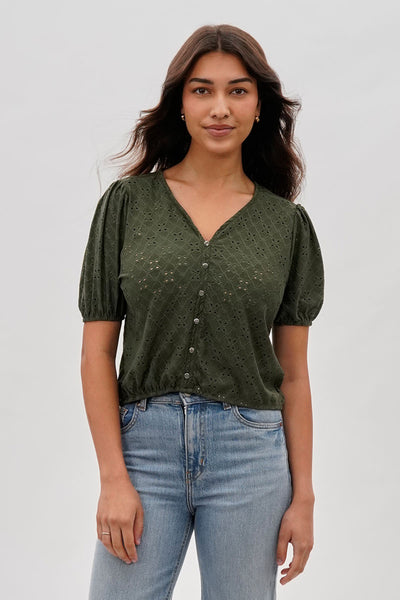 Beechers Brook Button Down Eyelet Blouse - Olive - Womens Shirts & Blouses - Fairweather