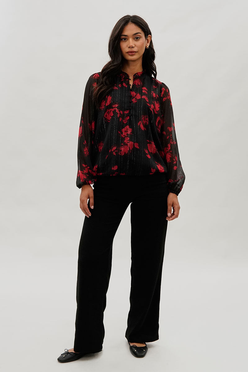 Costa Blanca Floral Sheer Sleeve Blouse - Black - Womens Shirts & Blouses - Fairweather