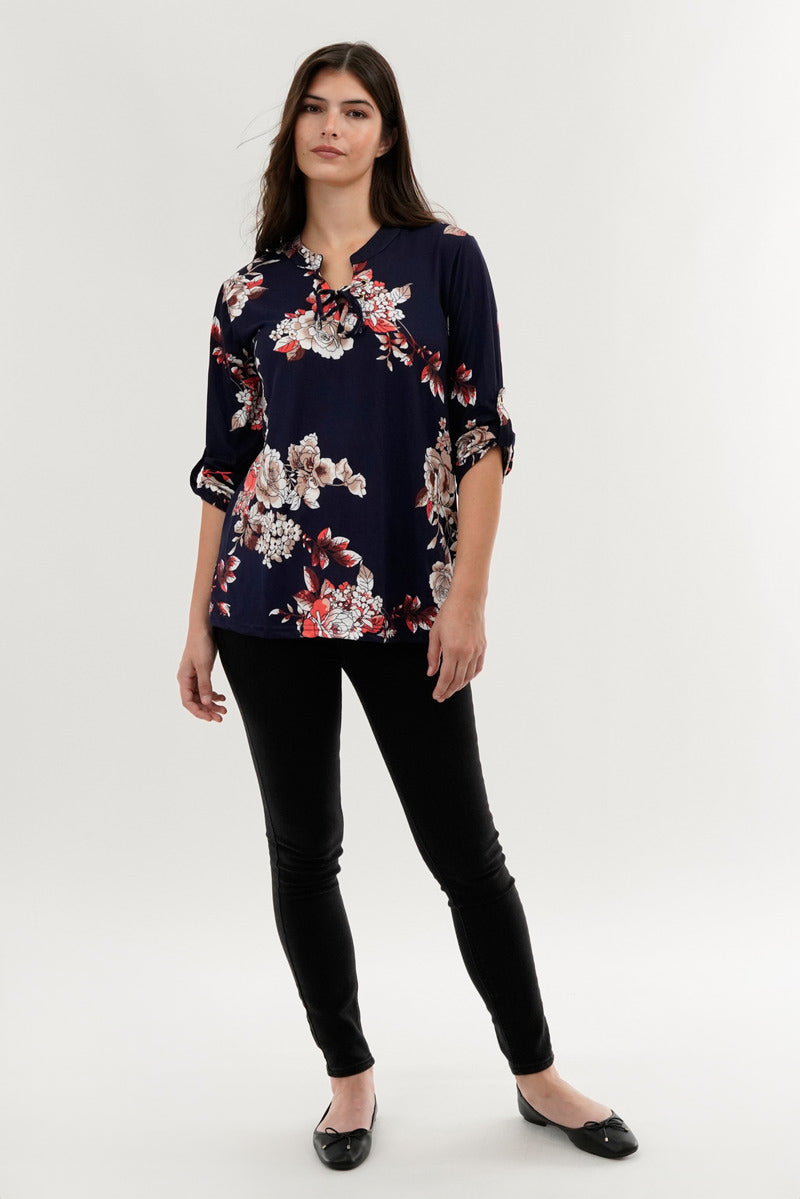 Majora Floral Lace Up Blouse - Navy - Womens Shirts & Blouses - Fairweather