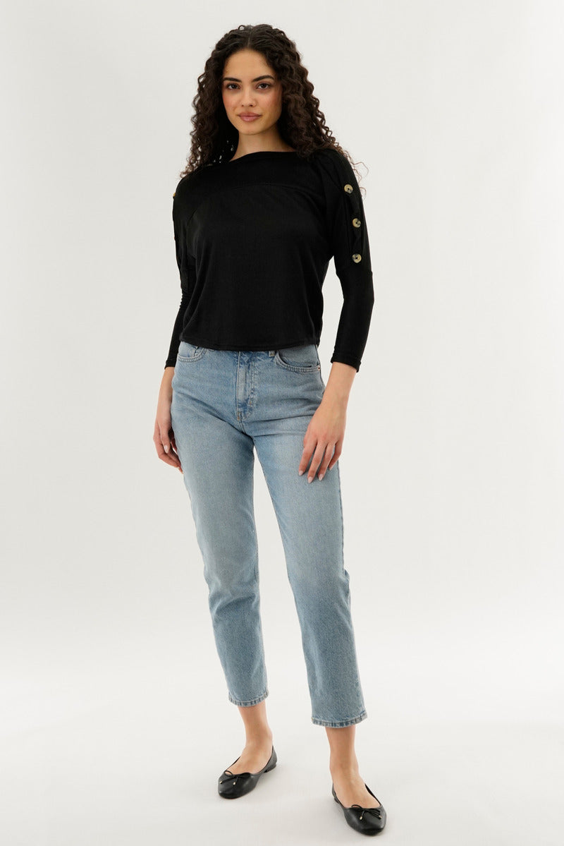 International INC Company Boat Neck Shoulder Button Pullover Sweater - Black - Womens Pullover Sweaters - Fairweather