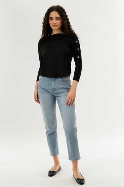 International INC Company Boat Neck Shoulder Button Pullover Sweater - Black - Womens Pullover Sweaters - Fairweather