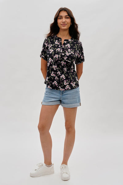 International INC Company Floral Short Sleeve Blouse - Black - Womens Shirts & Blouses - Fairweather