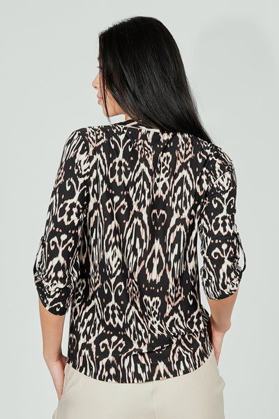 Beechers Brook Patterned Roll Up Sleeve Henley Blouse - Black - Womens Shirts & Blouses - Fairweather