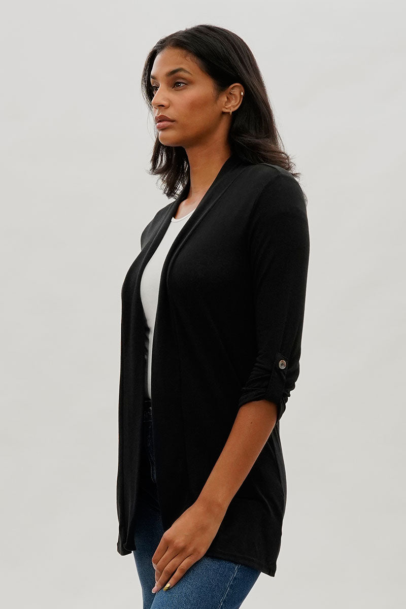Fahrenheit Open Front Roll Up Sleeve Cardigan - Black - Womens Cardigans - Fairweather