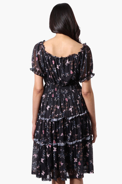 Costa Blanca Floral Tiered Smocked Waist Midi Dress - Black - Womens Midi Dresses - Fairweather