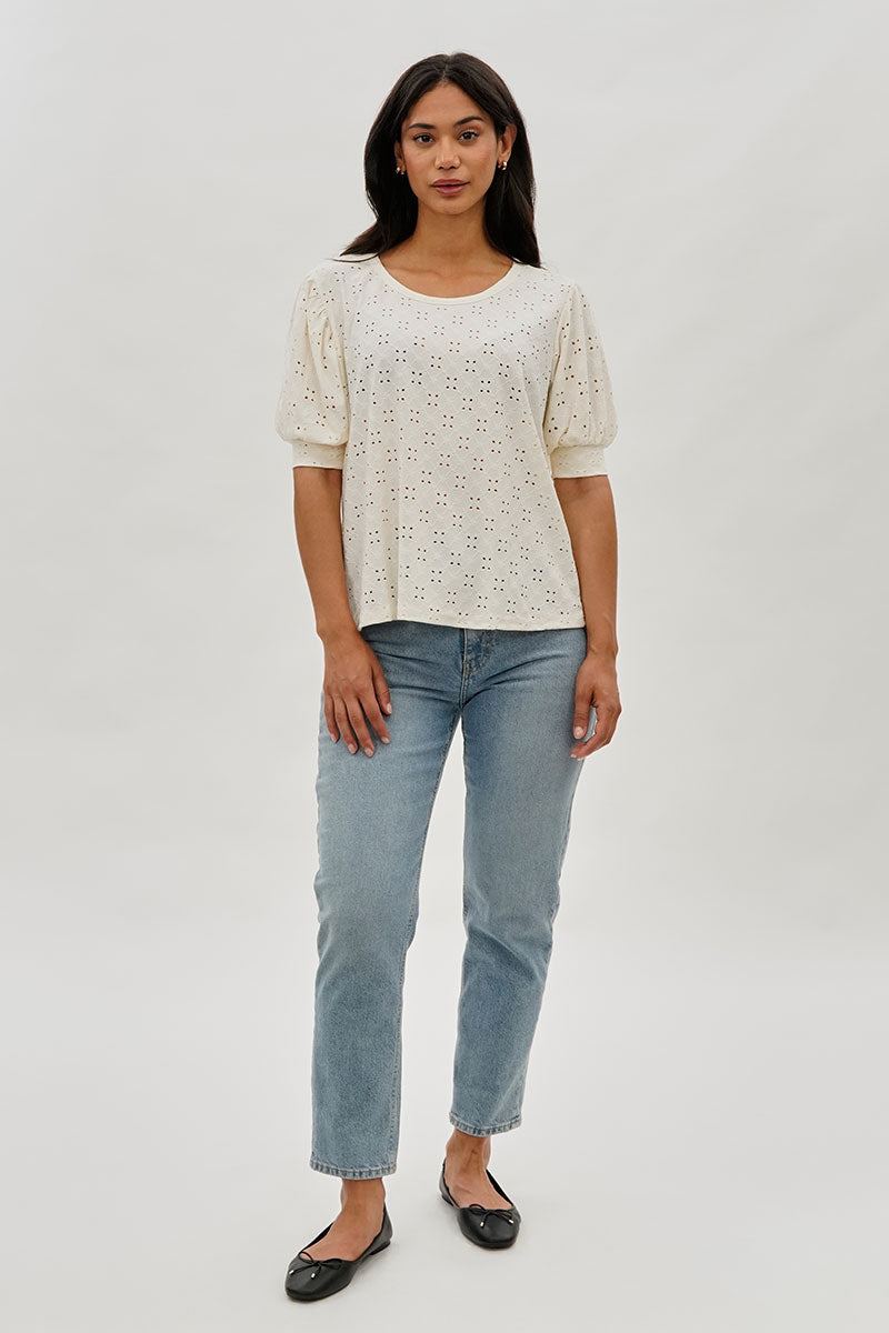 Beechers Brook Eyelet Detail Puff Sleeve Blouse - White - Womens Shirts & Blouses - Fairweather
