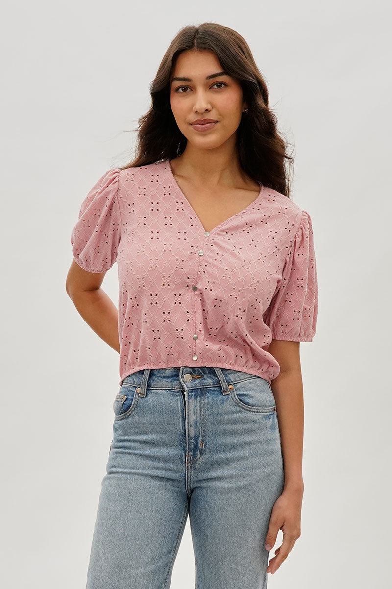 Beechers Brook Button Down Eyelet Blouse - Pink - Womens Shirts & Blouses - Fairweather