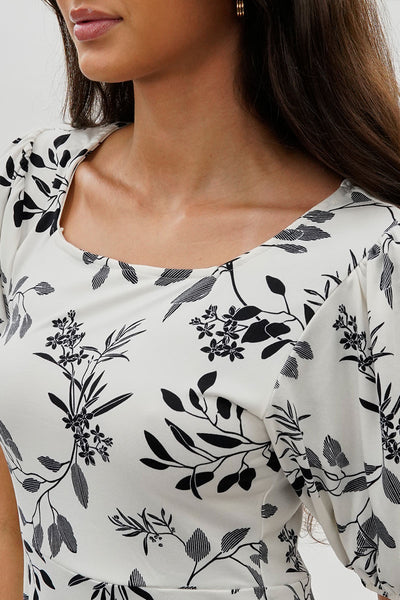 Costa Blanca Leaf Print Square Neck Day Dress - White - Womens Day Dresses - Fairweather