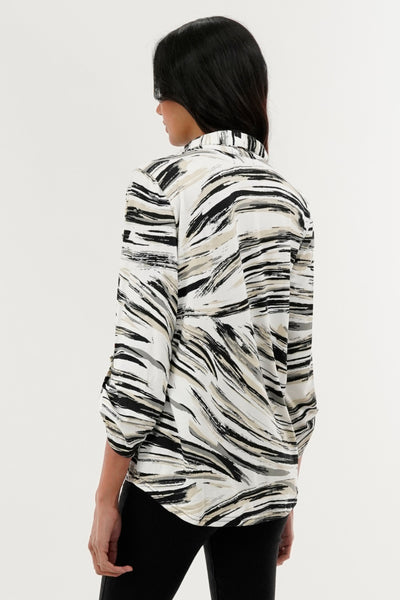 International INC Company Patterned Roll Up Sleeve Blouse - White - Womens Shirts & Blouses - Fairweather