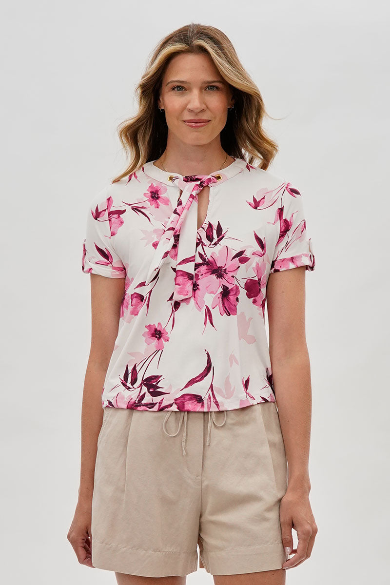 Beechers Brook Floral Tie-Neck Short Sleeve Blouse - White - Womens Shirts & Blouses - Fairweather