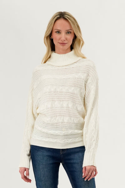 Beechers Brook Cable Knit Mock Neck Pullover Sweater - White - Womens Pullover Sweaters - Fairweather