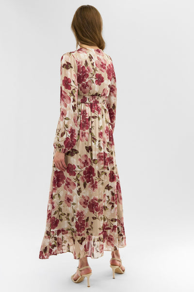 Costa Blanca Floral Long Sleeve Chiffon Maxi Dress - Beige - Womens Maxi Dresses - Fairweather