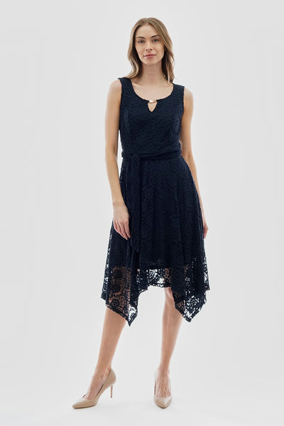 Costa Blanca Belted Lace Gold Bar Detail Day Dress - Navy - Womens Cocktail Dresses - Fairweather