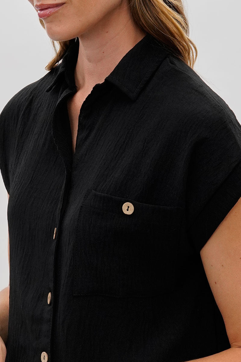 Sylexchange Vintage Short Sleeve Button Down Shirt - Black - Womens Shirts & Blouses - Fairweather