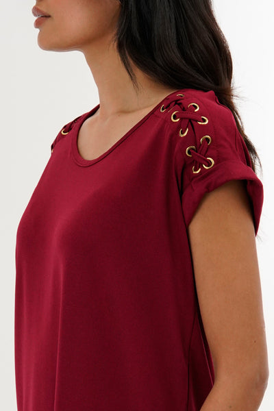 International INC Company Shoulder Lace Up Tee - Burgundy - Womens Tees & Tank Tops - Fairweather