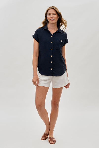 Sylexchange Vintage Short Sleeve Button Down Shirt - Navy - Womens Shirts & Blouses - Fairweather