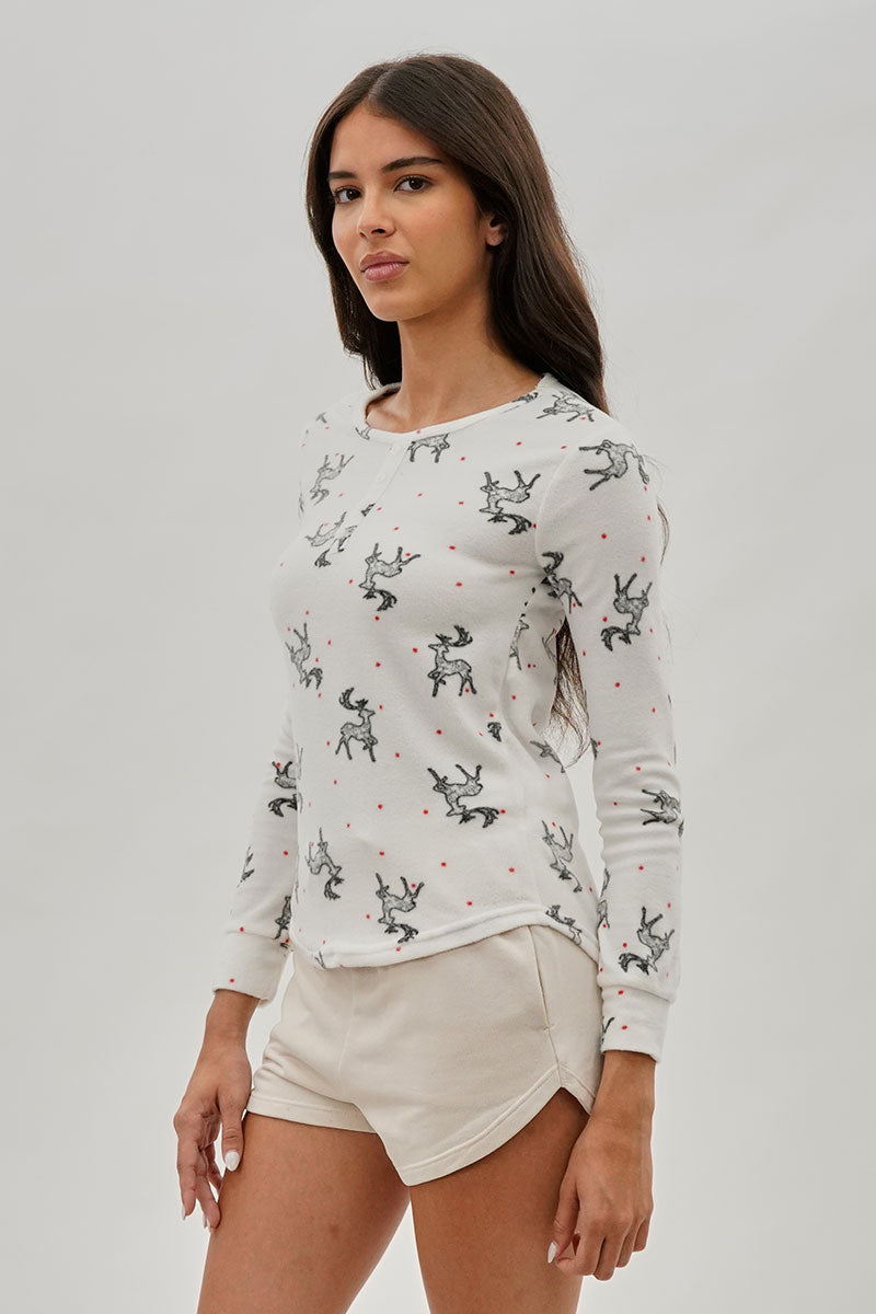 Canada Weather Gear Reindeer Print Henley Pajama Top - White - Womens Pajamas - Fairweather