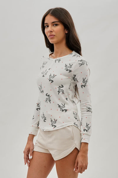 Canada Weather Gear Reindeer Print Henley Pajama Top - White - Womens Pajamas - Fairweather
