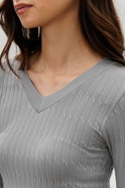 International INC Company Ribbed V-Neck Long Sleeve Top - Grey - Womens Long Sleeve Tops - Fairweather