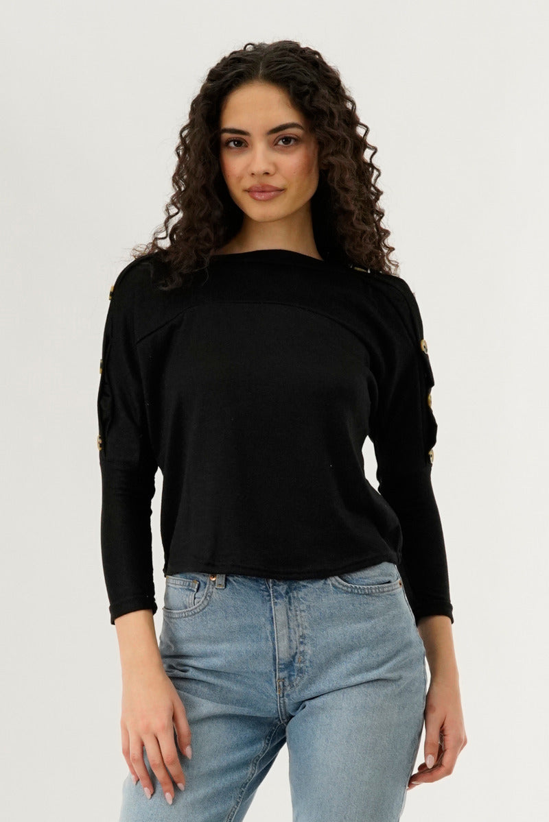 International INC Company Boat Neck Shoulder Button Pullover Sweater - Black - Womens Pullover Sweaters - Fairweather