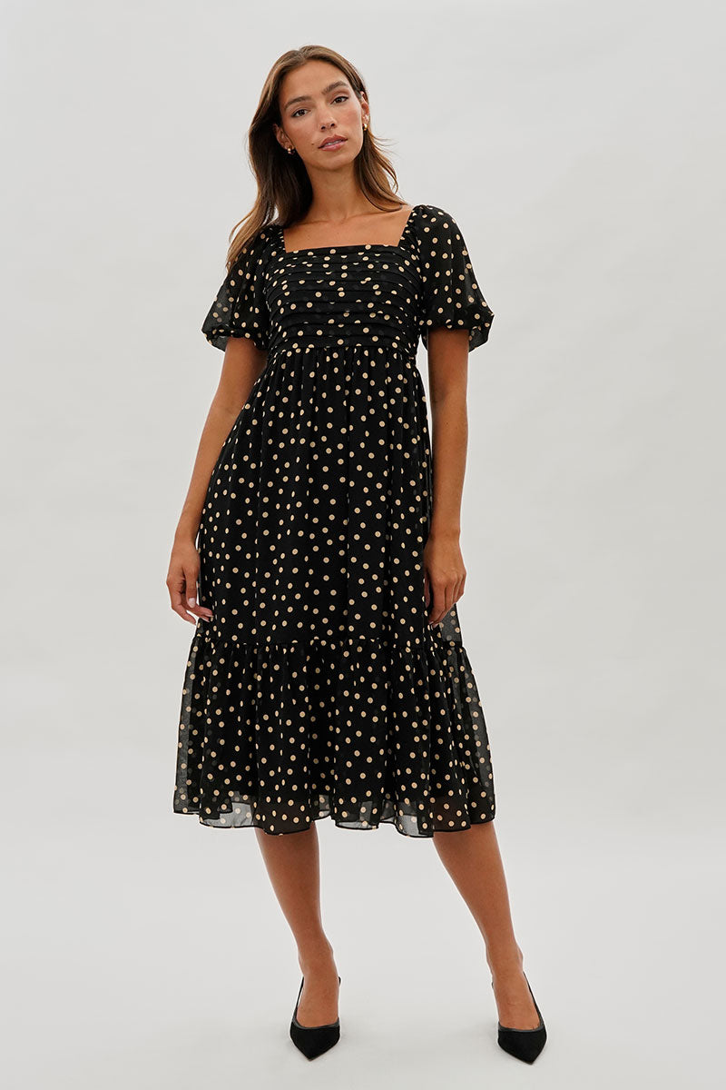 Beechers Brook Dotted Pleated Square Neck Midi Dress - Black - Womens Midi Dresses - Fairweather