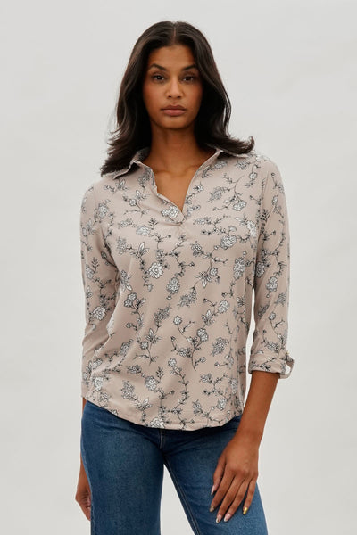 International INC Company Floral Split Neck Blouse - Taupe - Womens Shirts & Blouses - Fairweather