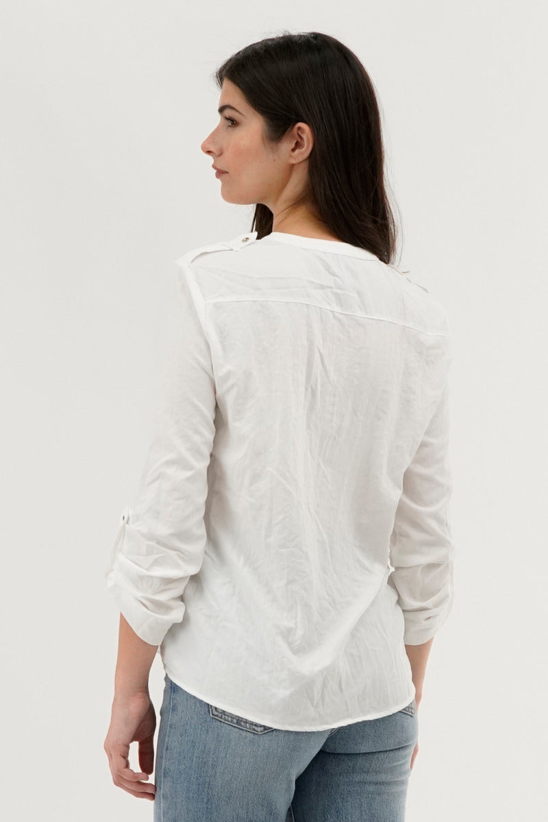 Runaway Bay Roll Up Sleeve Utility Pocket Blouse - White - Womens Shirts & Blouses - Fairweather