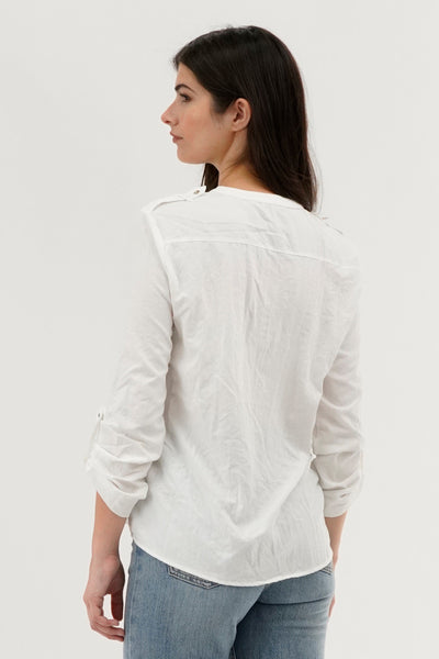 Runaway Bay Roll Up Sleeve Utility Pocket Blouse - White - Womens Shirts & Blouses - Fairweather