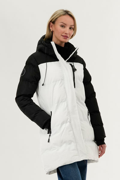 Camada Weather Gear Colour Block Puffer Parka Jacket - White - Womens Parka Jackets - Fairweather