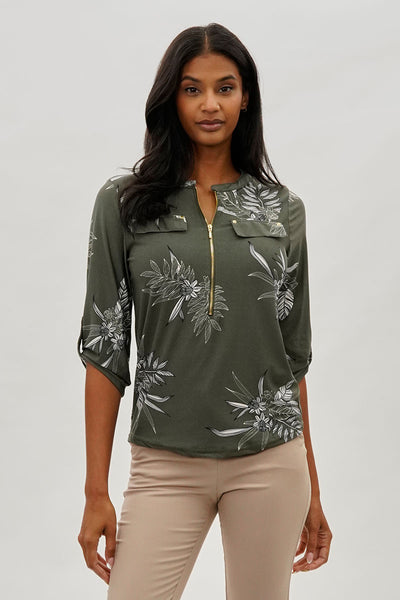 Beechers Brook Floral Half Zip Blouse - Olive - Womens Shirts & Blouses - Fairweather