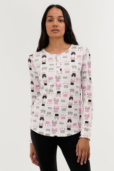 Canada Weather Gear Cat Print Henley Pajama Top - Blush - Womens Pajamas - Fairweather