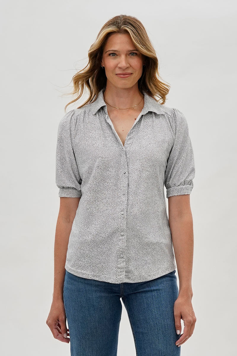 Beechers Brook Patterned Puff Sleeve Button Down Blouse - Grey - Womens Shirts & Blouses - Fairweather