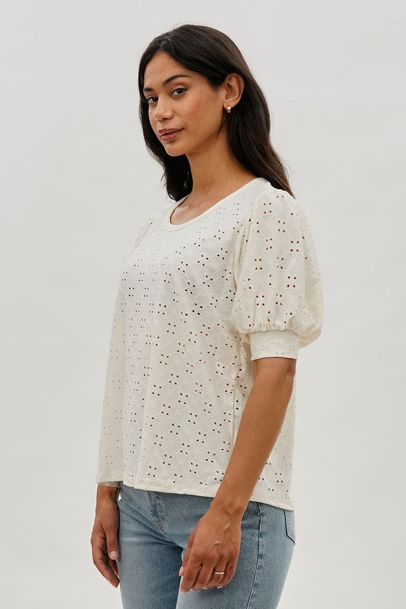 Beechers Brook Eyelet Detail Puff Sleeve Blouse - White - Womens Shirts & Blouses - Fairweather