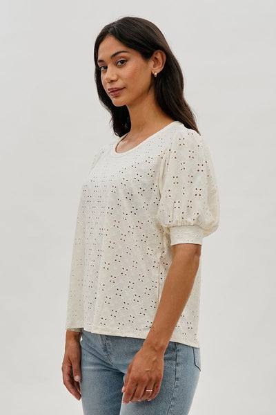 Beechers Brook Eyelet Detail Puff Sleeve Blouse - White - Womens Shirts & Blouses - Fairweather