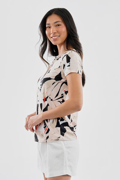 Beechers Brook Feather Print Grommet Neck Detail Tee - Black - Womens Tees & Tank Tops - Fairweather