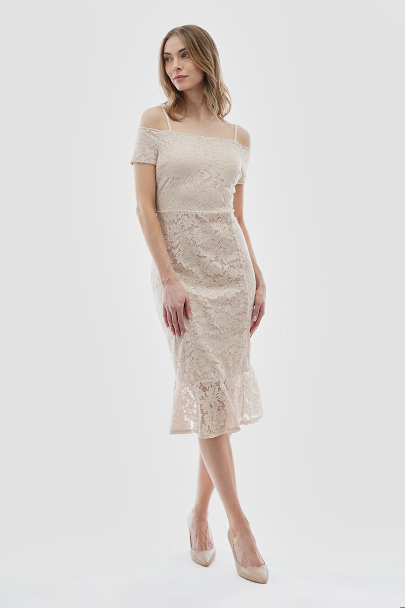 Costa Blanca Lace Off Shoulder Side Slit Cocktail Dress - Cream - Womens Cocktail Dresses - Fairweather
