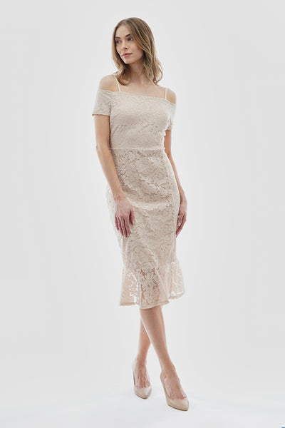 Costa Blanca Lace Off Shoulder Side Slit Cocktail Dress - Cream - Womens Cocktail Dresses - Fairweather