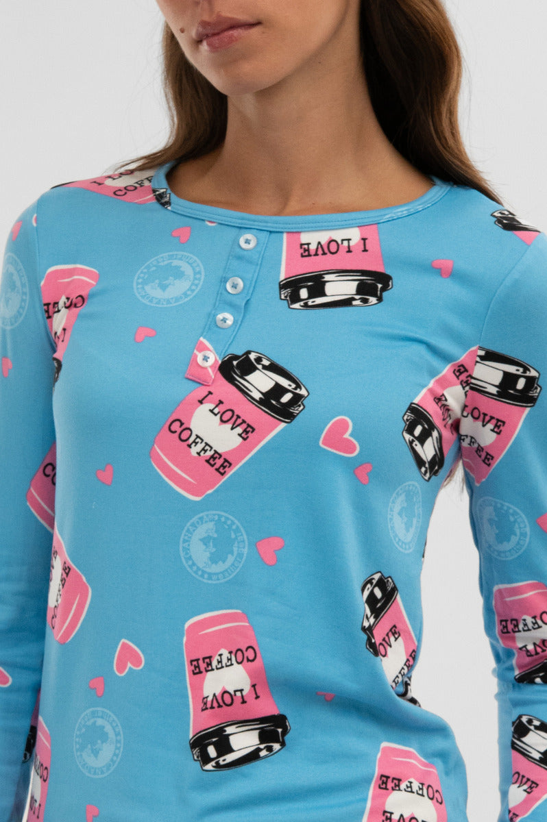 Canada Weather Gear Coffee Print Henley Pajama Top - Blue - Womens Pajamas - Fairweather