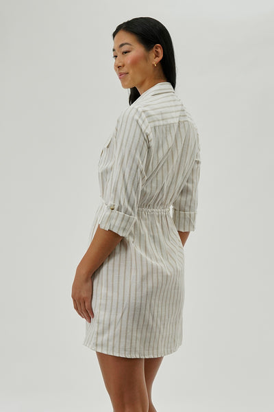 Beechers Brook Striped Roll Up Sleeve Day Dress - Beige