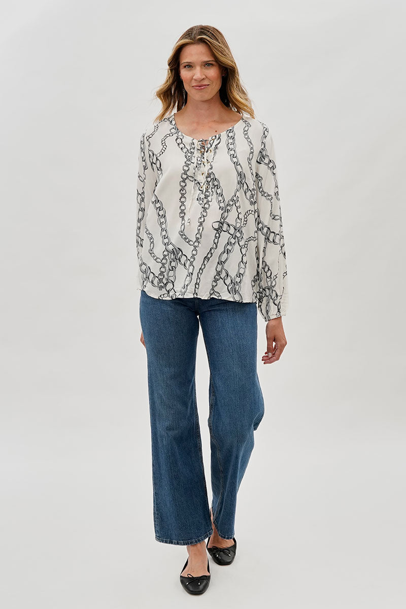 Beechers Brook Chain Print Lace Up Blouse - White - Womens Shirts & Blouses - Fairweather