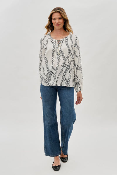 Beechers Brook Chain Print Lace Up Blouse - White - Womens Shirts & Blouses - Fairweather