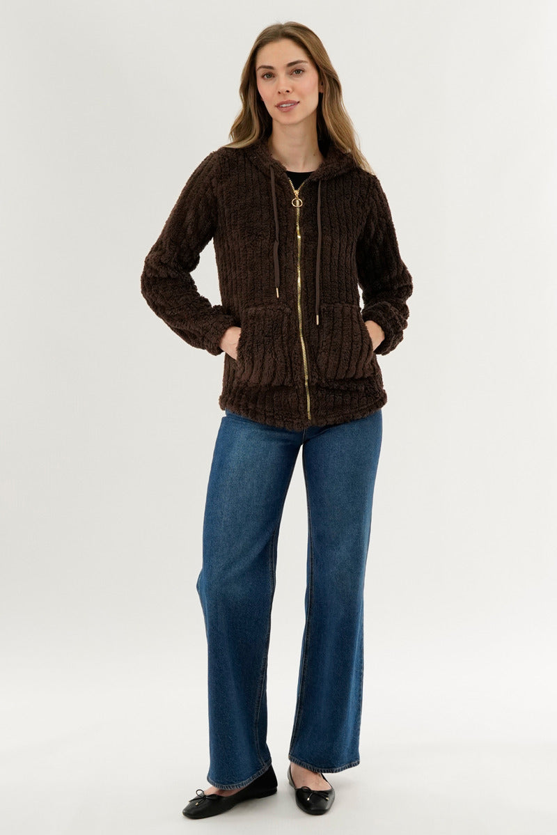 Fahrenheit Plush Hooded Zip Up Lightweight Jacket - Brown