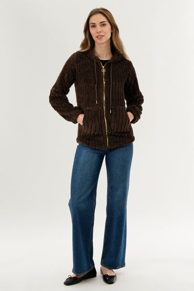 Fahrenheit Plush Hooded Zip Up Lightweight Jacket - Brown