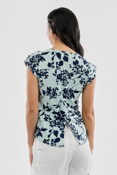 Beechers Brook Floral Cap Sleeve Back Slit Tee - Aqua - Womens Tees & Tank Tops - Fairweather