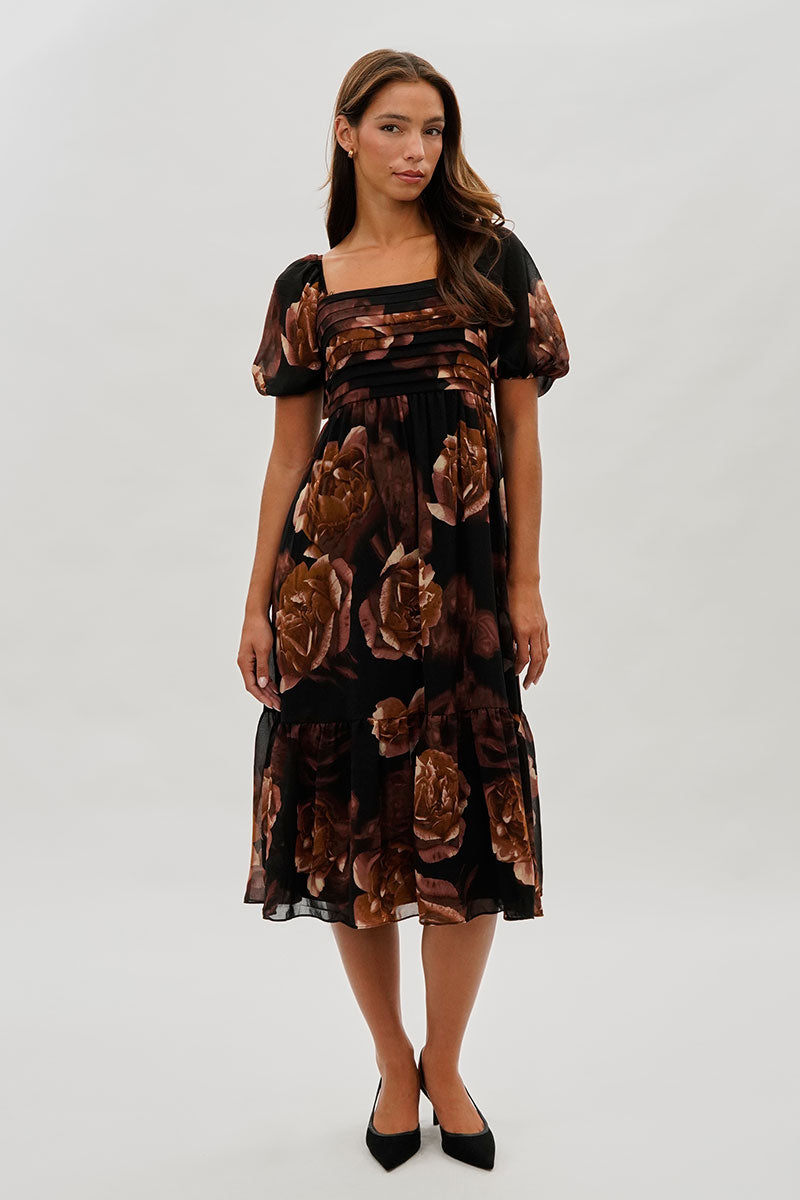 black floral pleated midi dress Black Arabesque Floral Pleated Midi Dress  FARM Rio