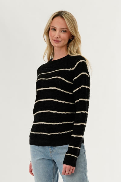 International INC Company Striped Knit Crewneck Pullover Sweater - Black - Womens Pullover Sweaters - Fairweather