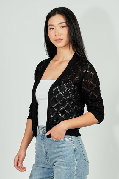 Beechers Brook Diamond Knit 3/4 Sleeve Open Cardigan - Black - Womens Cardigans - Fairweather