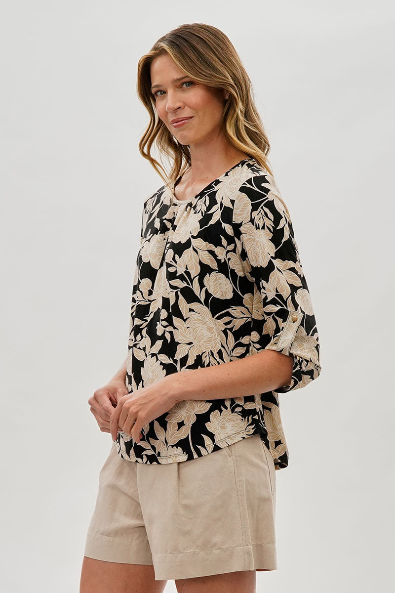 Beechers Brook Floral Roll Up Sleeve Blouse - Black - Womens Shirts & Blouses - Fairweather